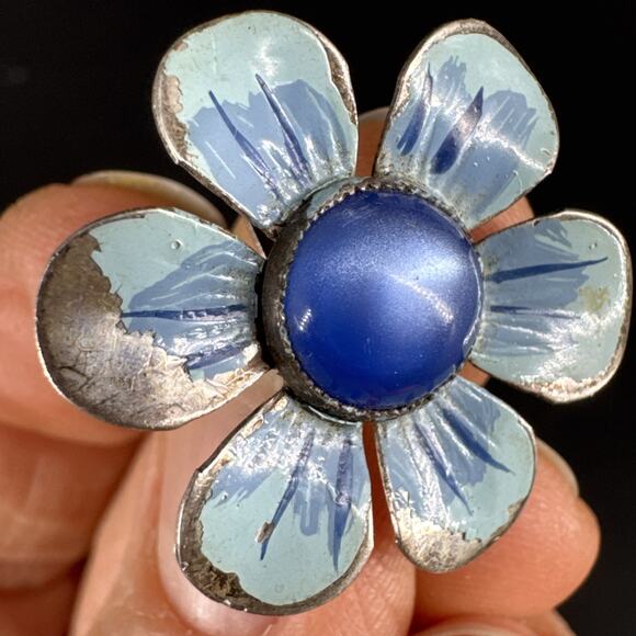 Vintage Blue Enamel Flower Sterling Silver Screw back Earrings - Picture 9 of 13